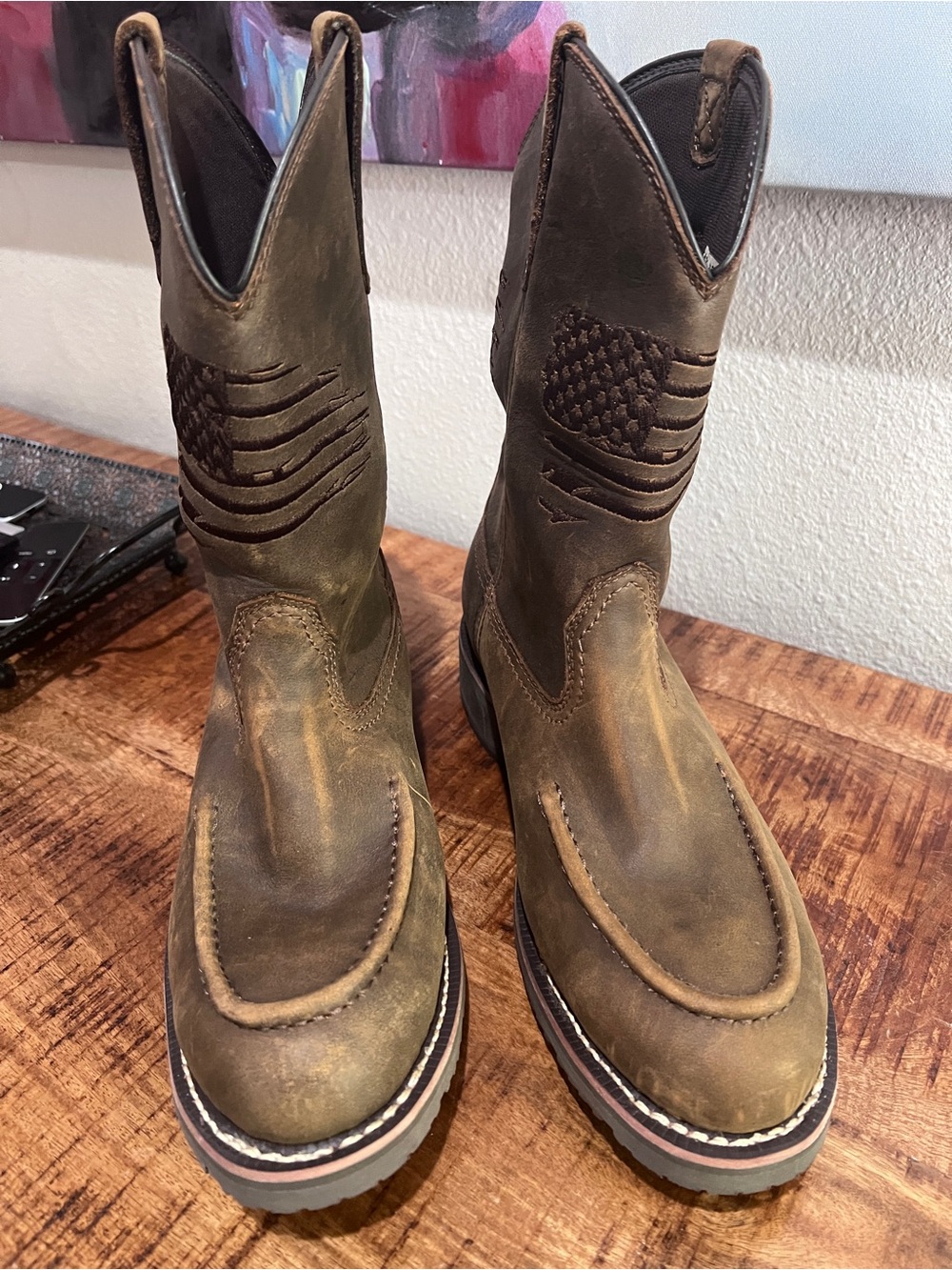 Ariat Brown Cowboy Boots with Embroidered Flag, Leather WATERPROOF